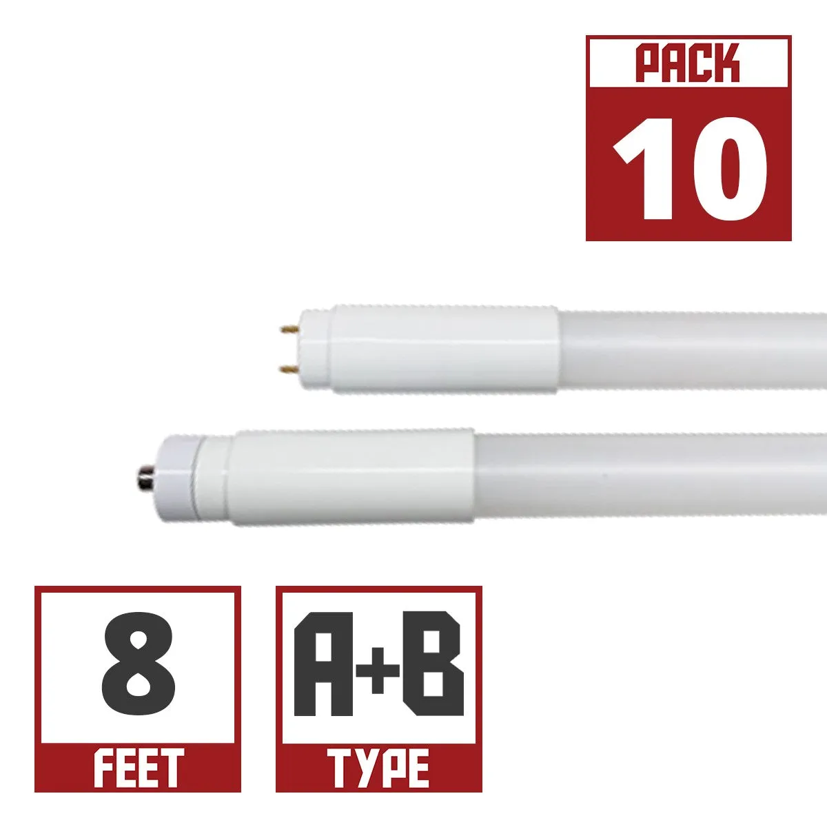 10 Pack - 8ft LED T8 Tube, 42 Watts, 5500 Lumens, 5000K, R17D Base, Hybrid, Double End