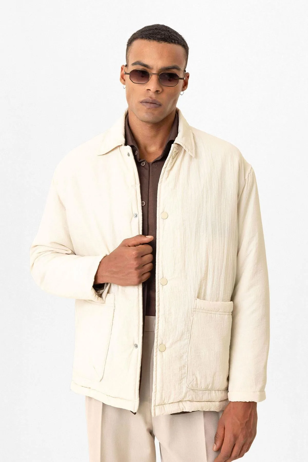 Beige Lightly Padded Men's Jacket with Cargo Pockets - Wessi