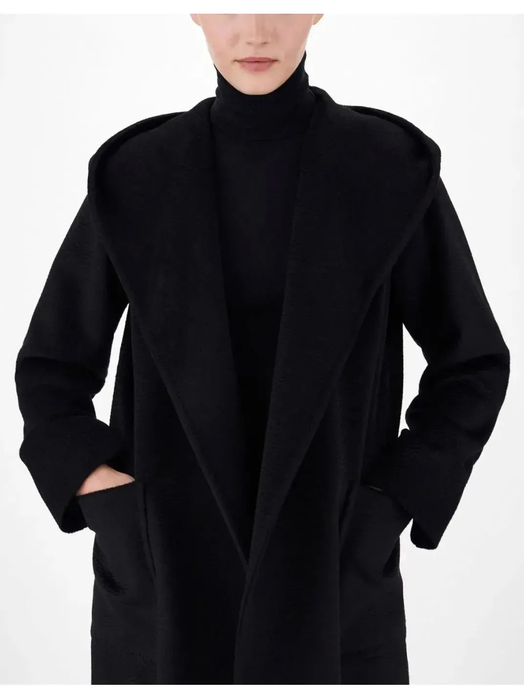 Belted Hooded Midi Coat in Black