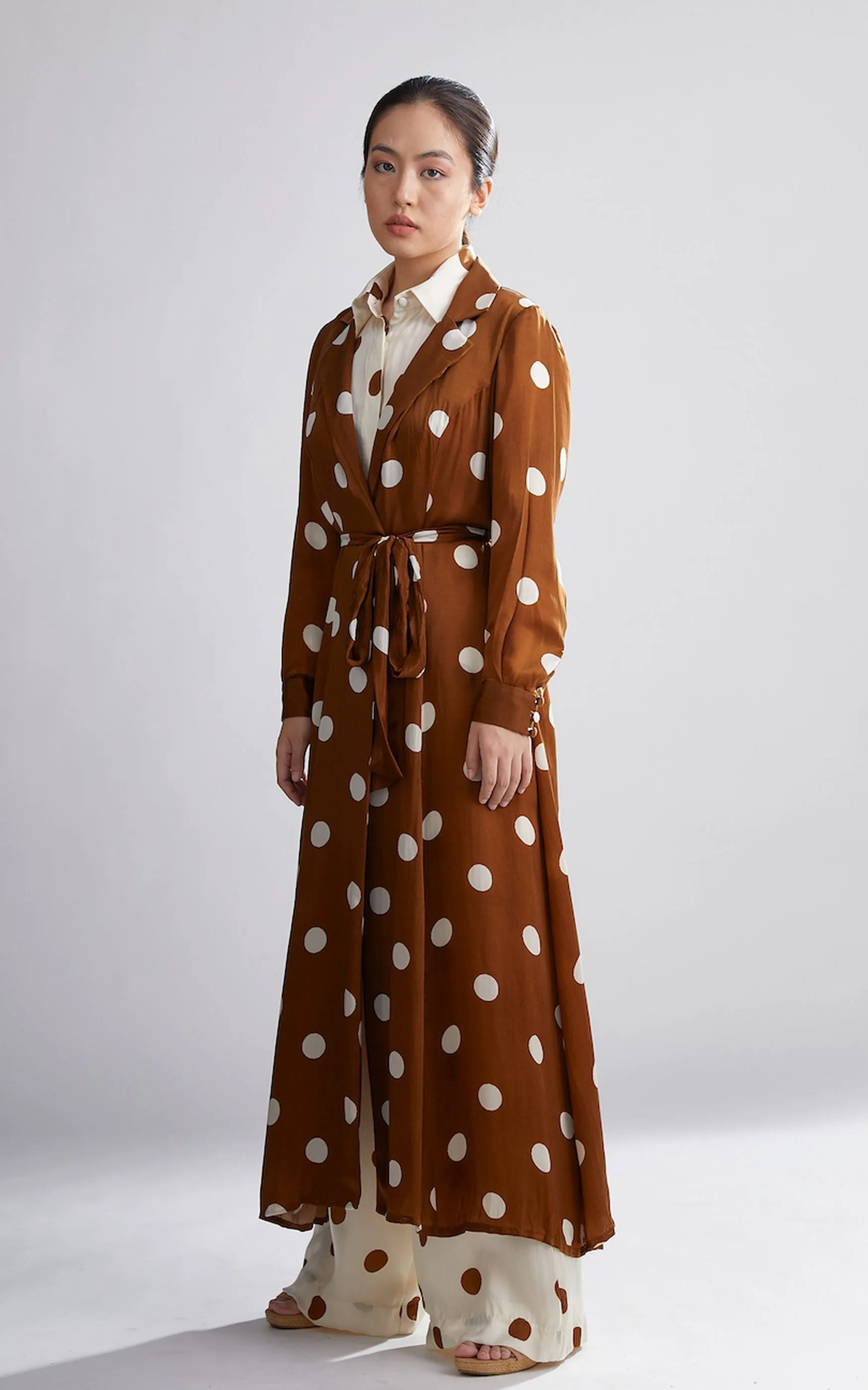BROWN AND CREAM POLKA DOT TRENCH CAPE