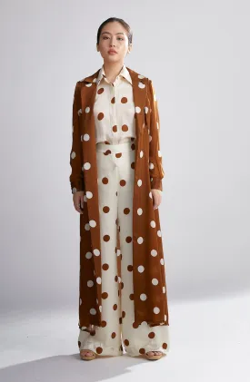 BROWN AND CREAM POLKA DOT TRENCH CAPE