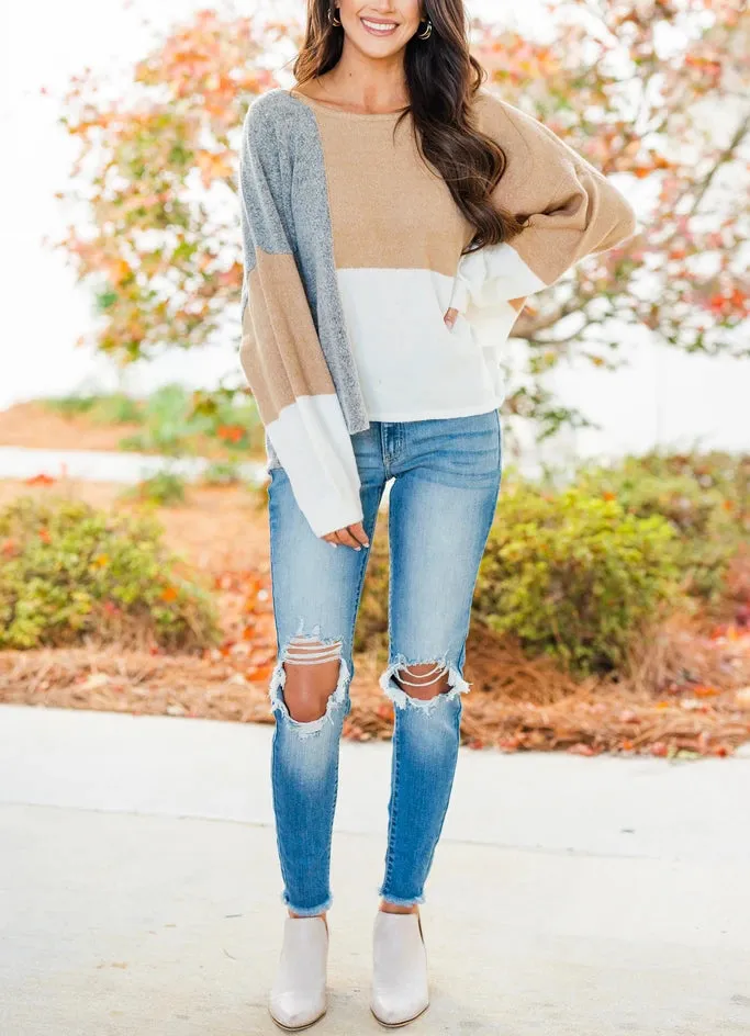 Color Block Tie Back Long Sleeve Patchwork Sweater Top