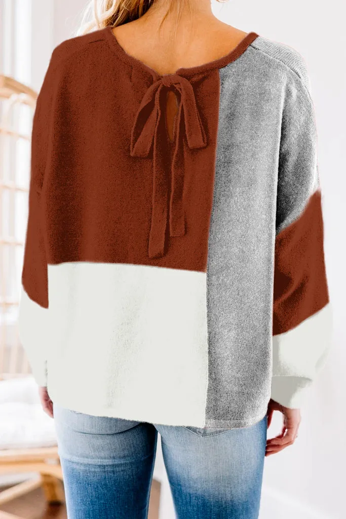 Color Block Tie Back Long Sleeve Patchwork Sweater Top