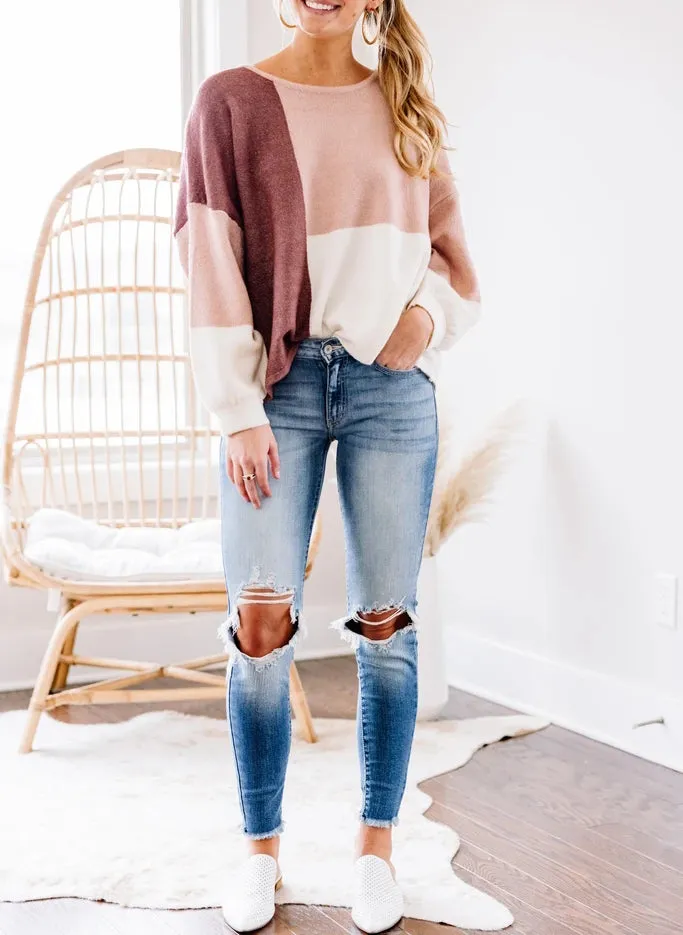 Color Block Tie Back Long Sleeve Patchwork Sweater Top