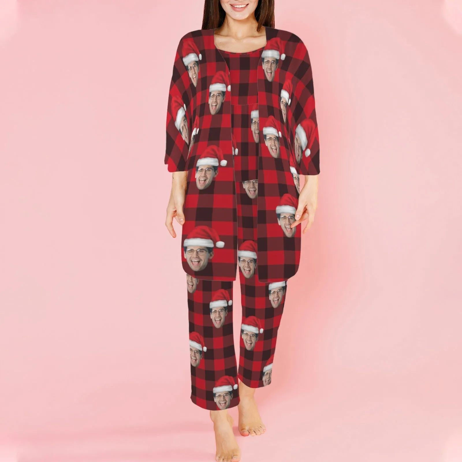 Custom Face Buffalo Check Satin Women's Three-Piece Pocket Cami Pajama Robe Set