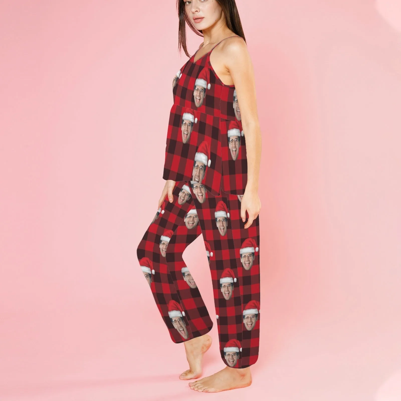 Custom Face Buffalo Check Satin Women's Three-Piece Pocket Cami Pajama Robe Set