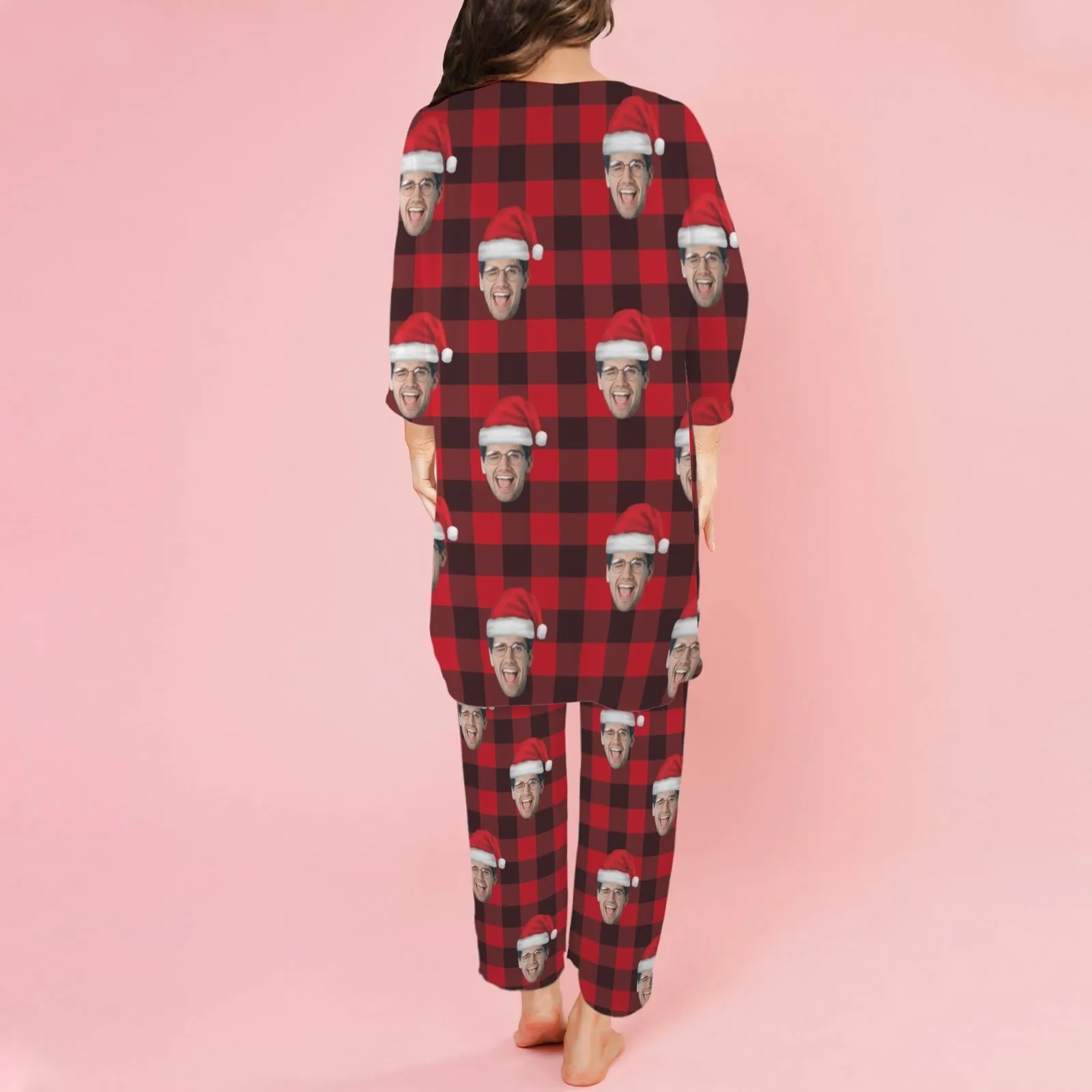 Custom Face Buffalo Check Satin Women's Three-Piece Pocket Cami Pajama Robe Set