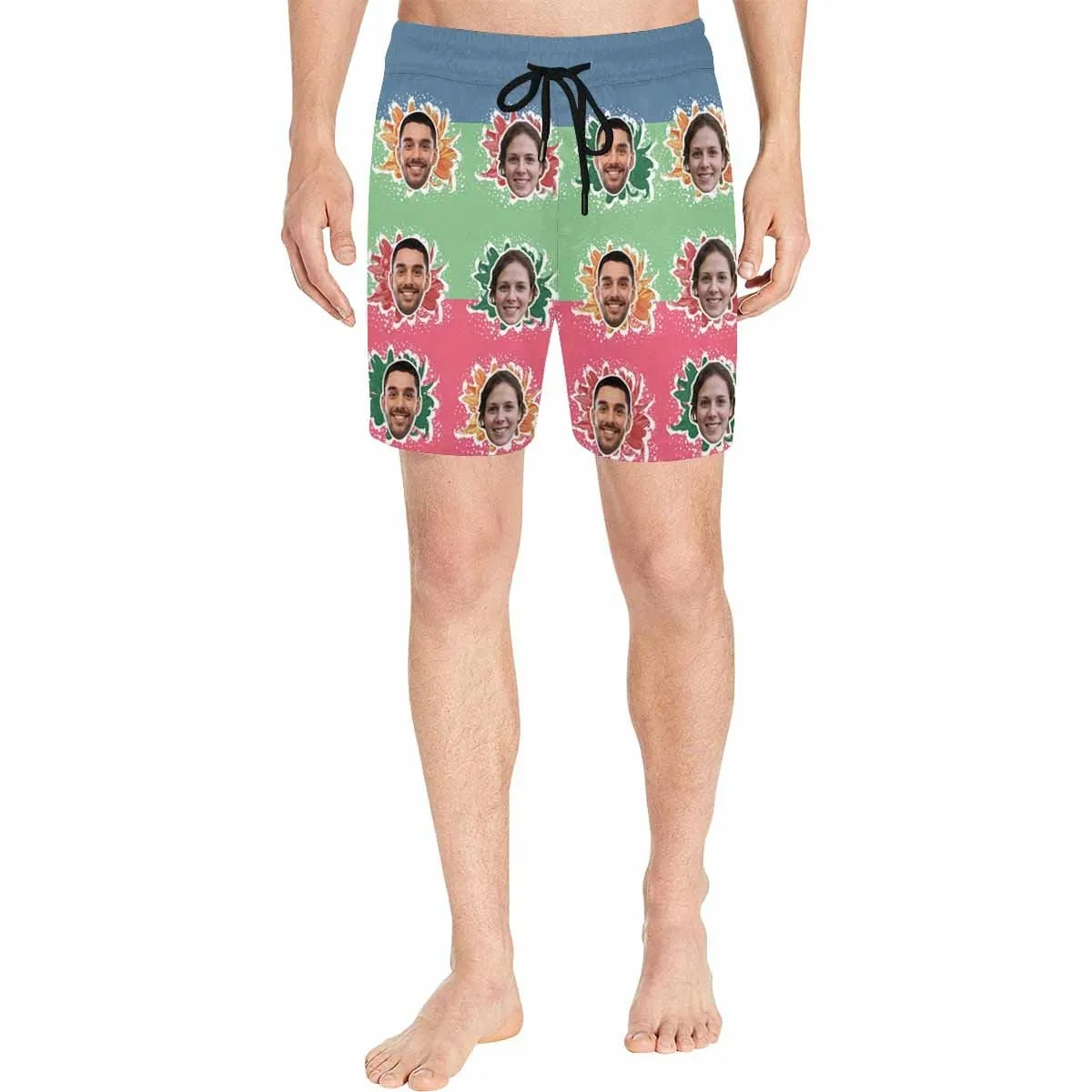 Custom Face Drawstring Swim Trunks Personalized Face Colorful Flowers Men's Quick Dry Swim Shorts Gift for Valentine's Day