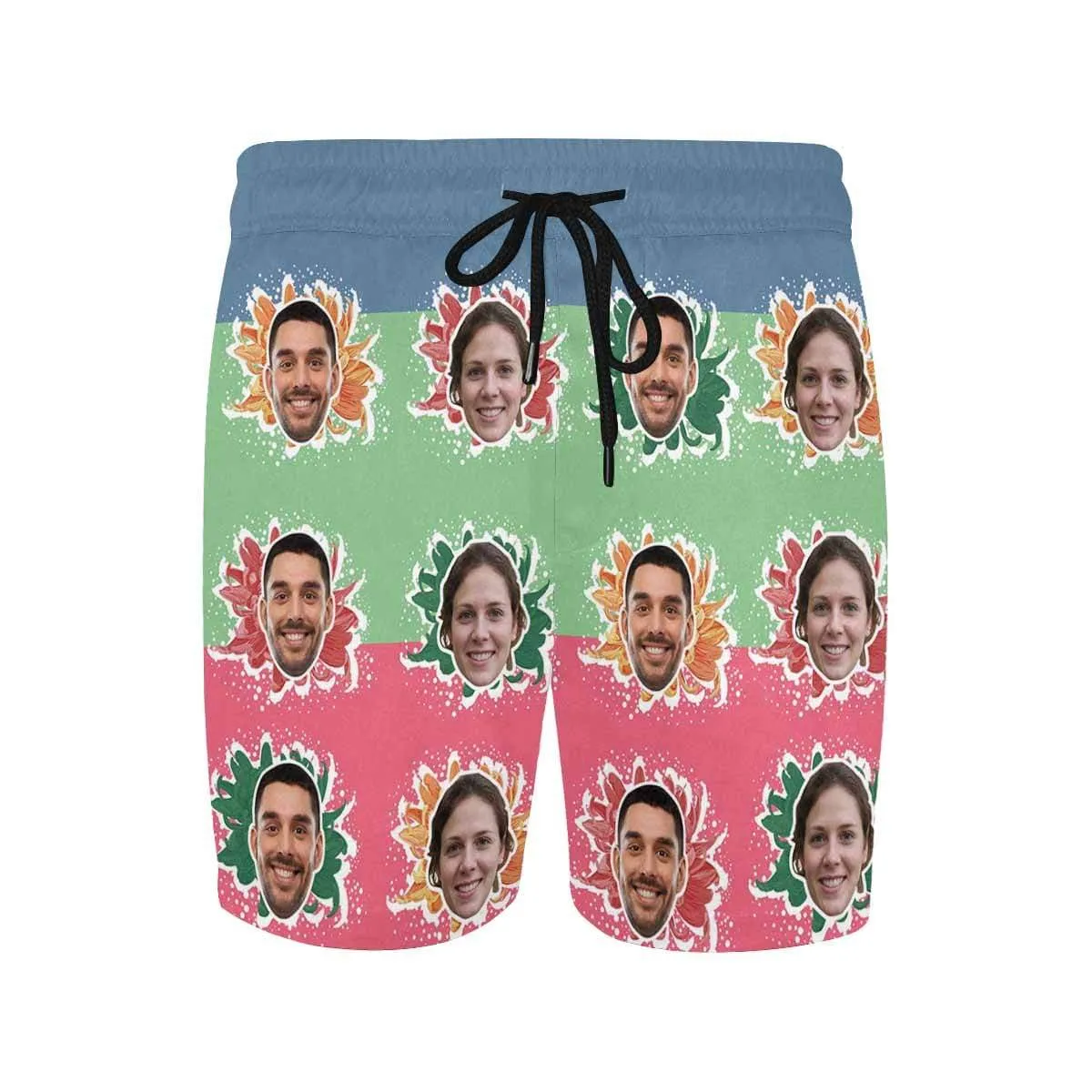 Custom Face Drawstring Swim Trunks Personalized Face Colorful Flowers Men's Quick Dry Swim Shorts Gift for Valentine's Day