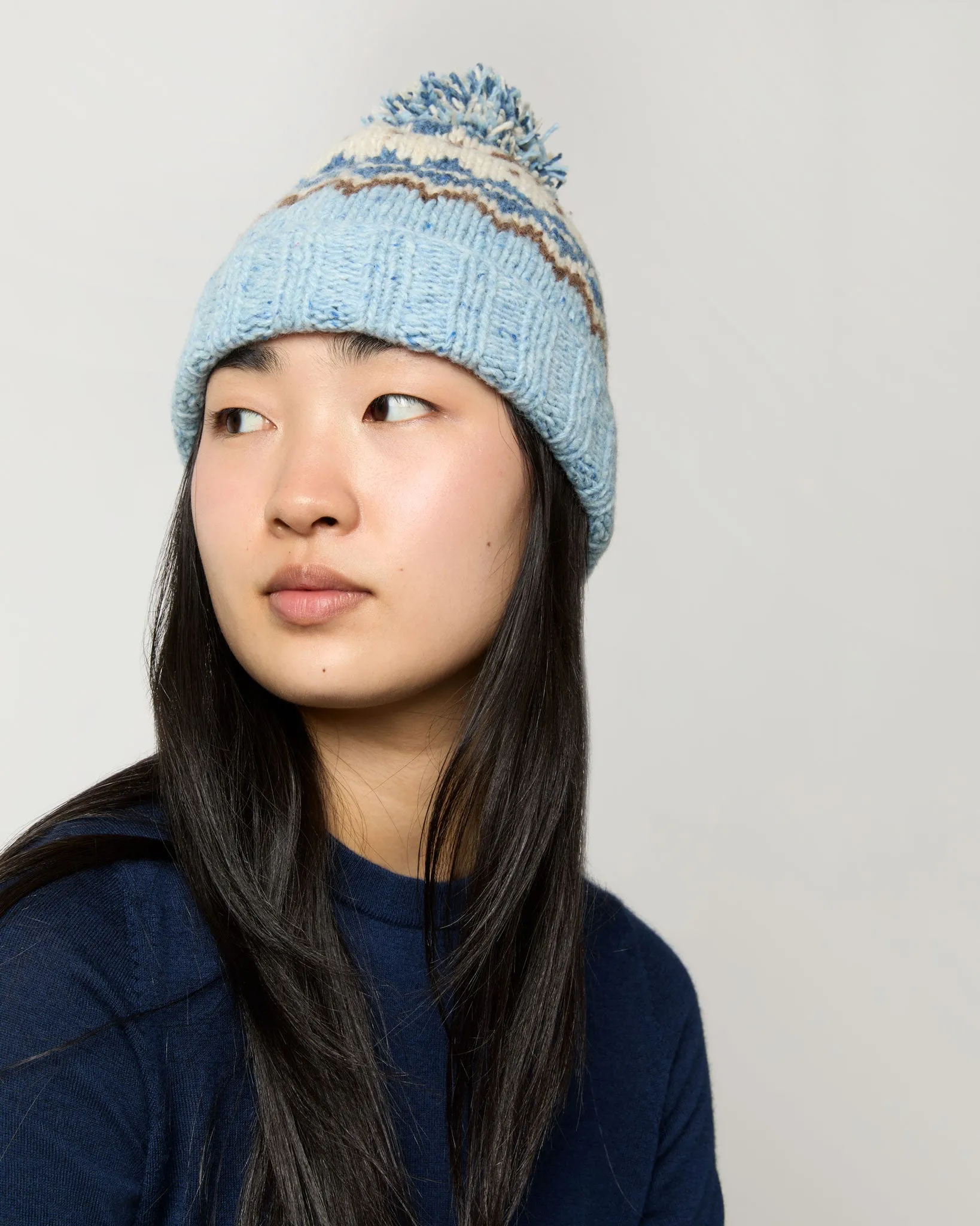 Fair Isle Pom-Pom Beanie in Blue/Brown/Ivory Wool Blend