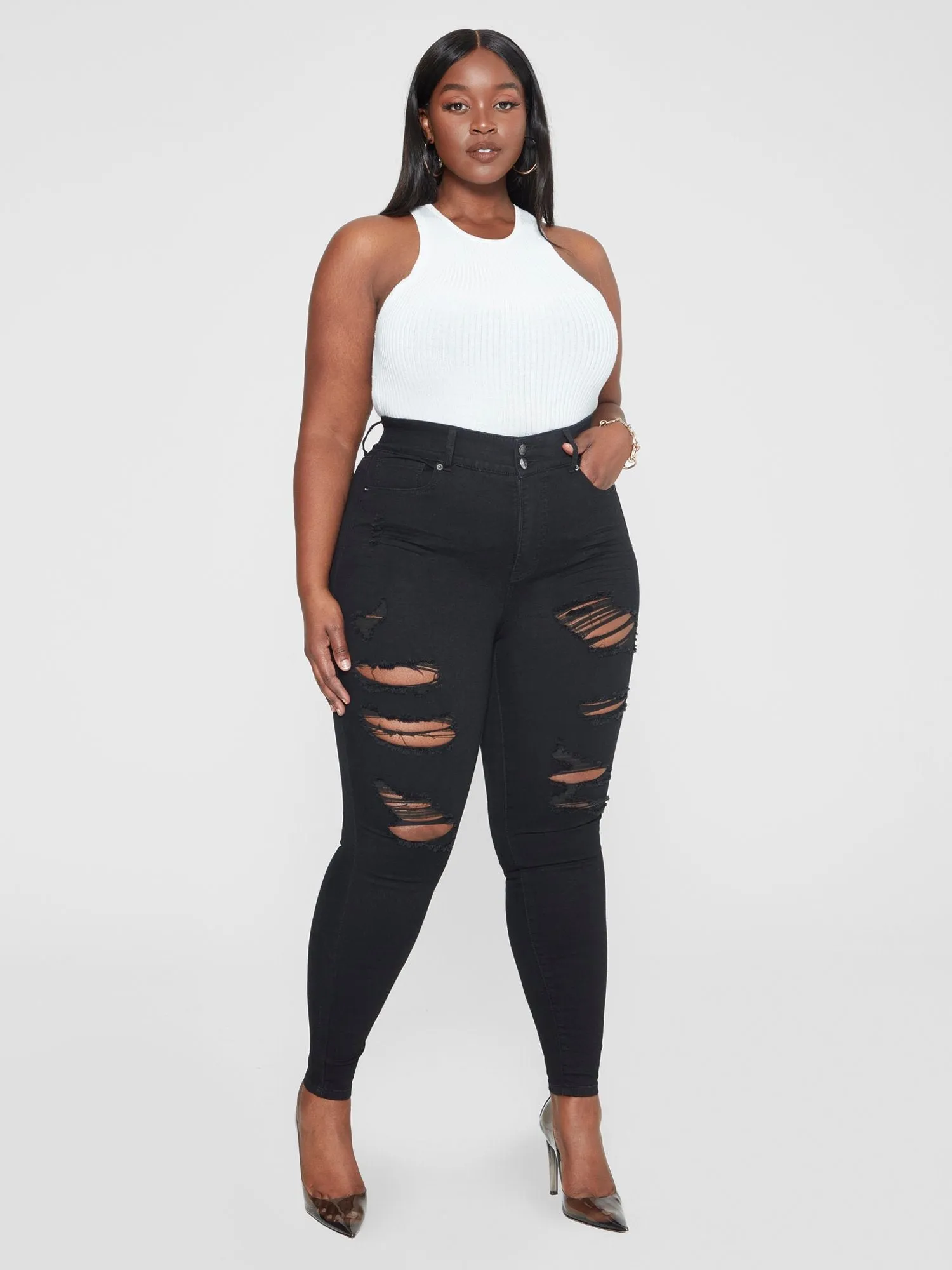 Fashion To Figure - High Rise Comfort Stretch Destructed Jeggings in Black