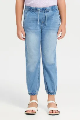 Girls Blue Pocket Jeggings