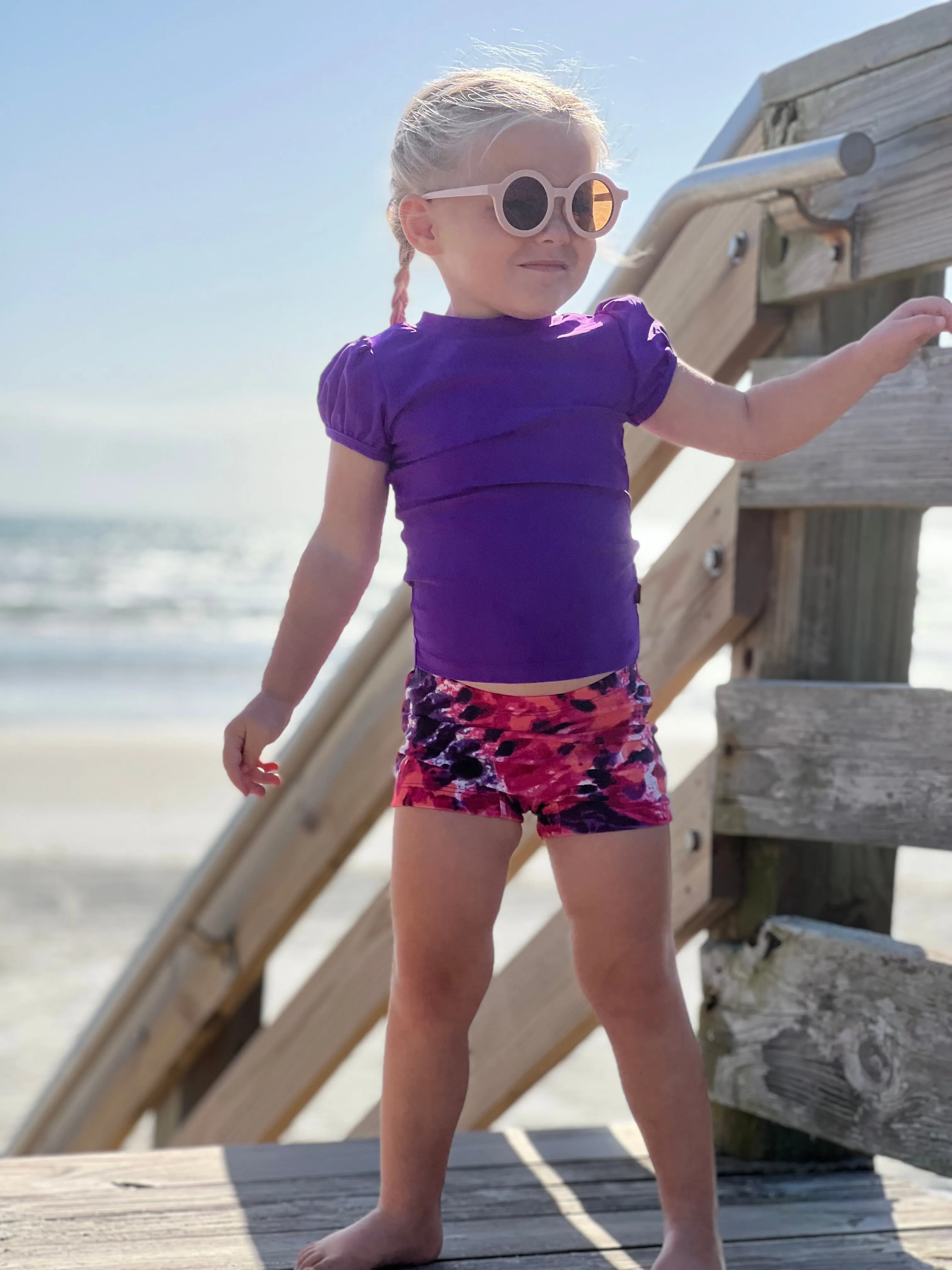 Girls UPF 50  Printed Swim Boy Shorts  | Pink w- White Polka Dot