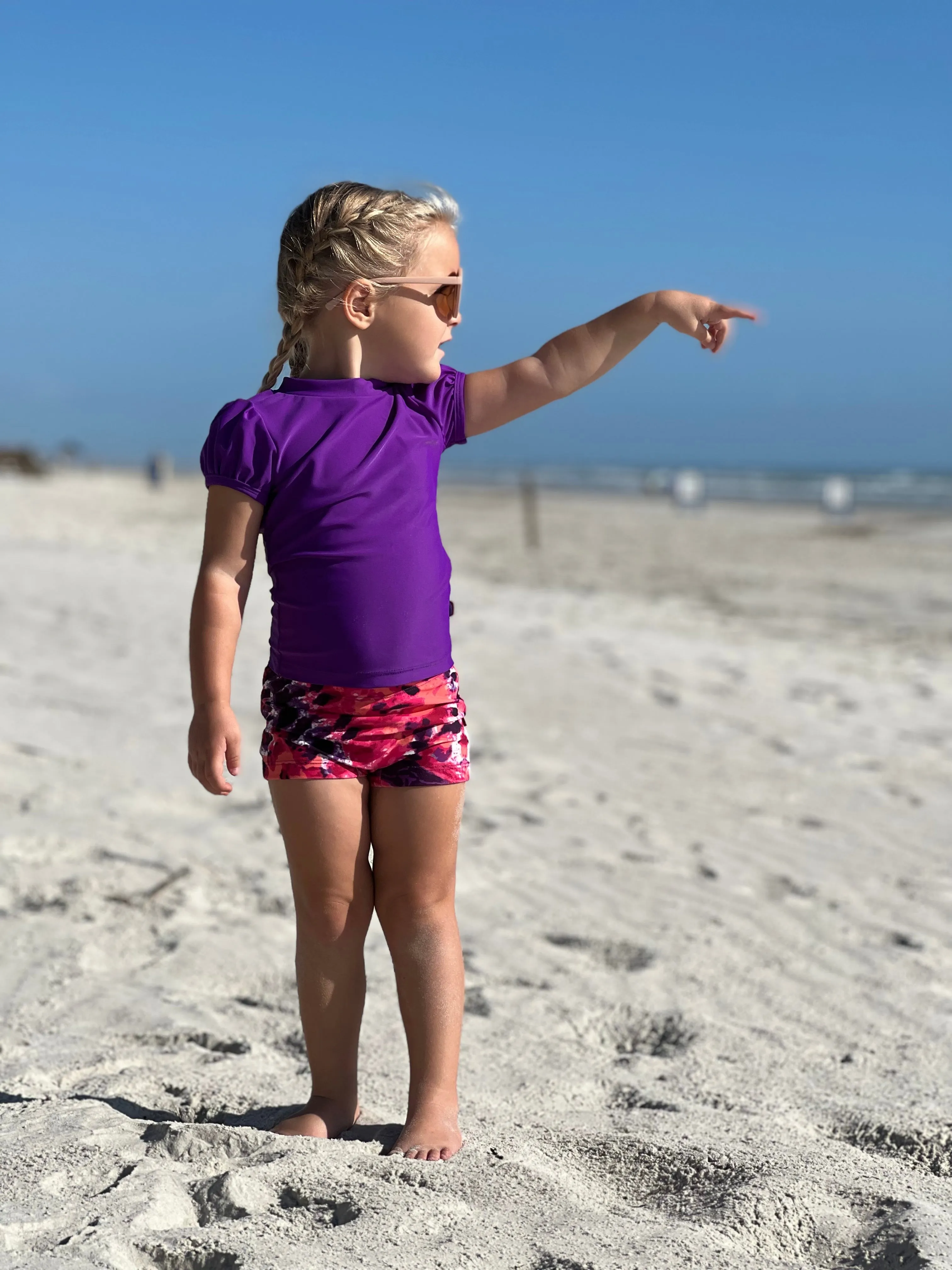 Girls UPF 50  Printed Swim Boy Shorts  | Pink w- White Polka Dot