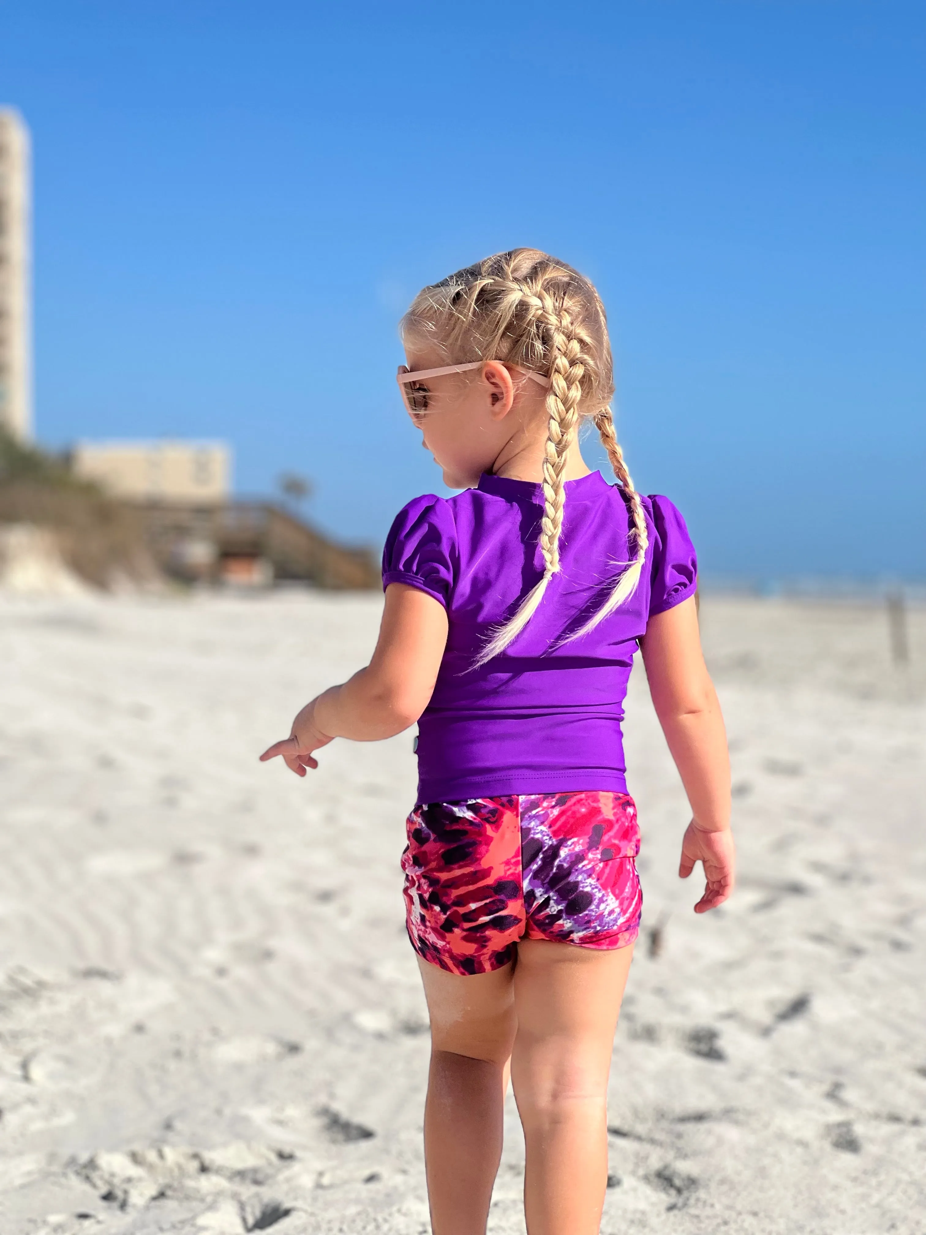 Girls UPF 50  Printed Swim Boy Shorts  | Pink w- White Polka Dot