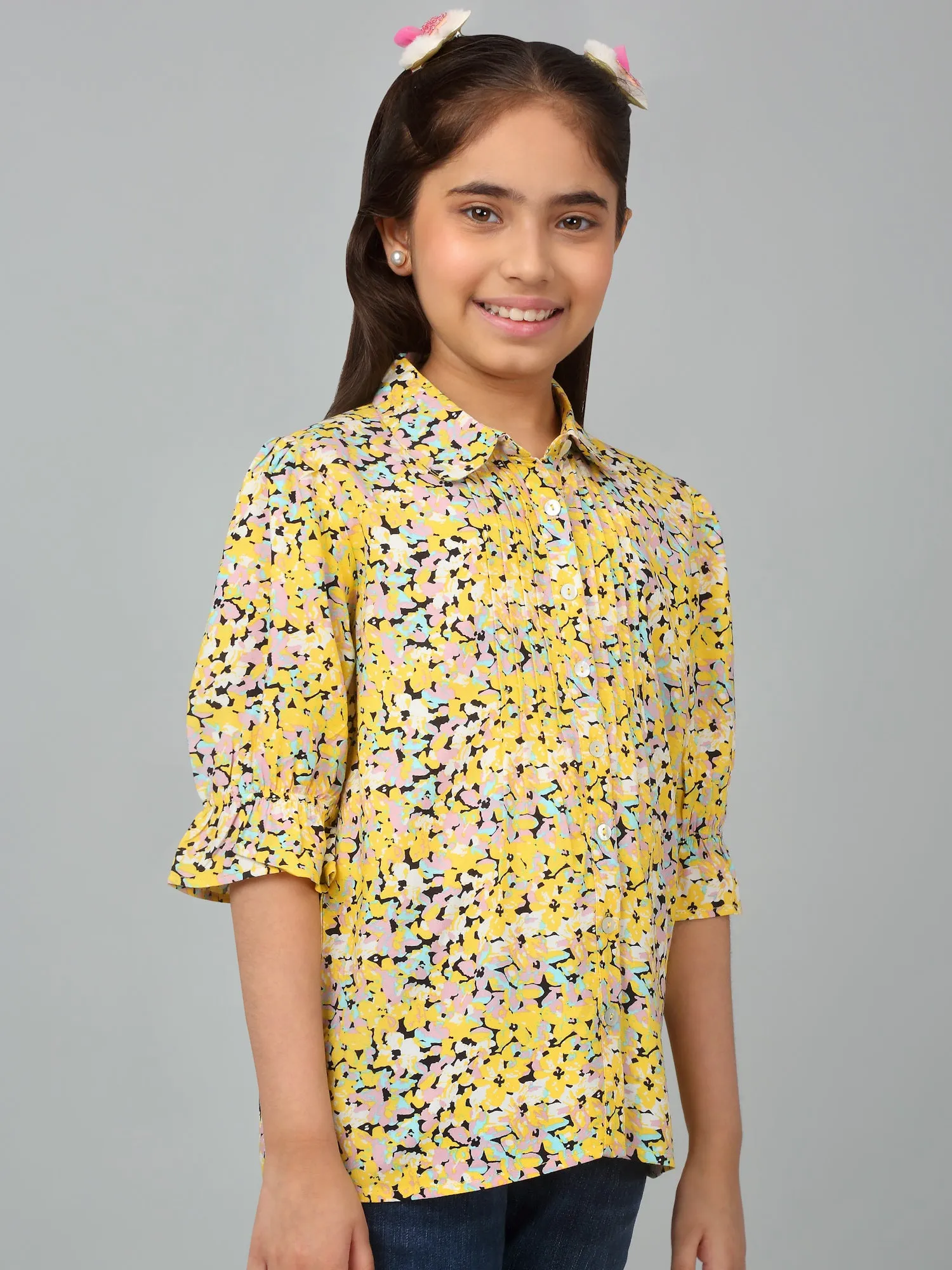 Girl's Yellow Floral Printed Casual Top