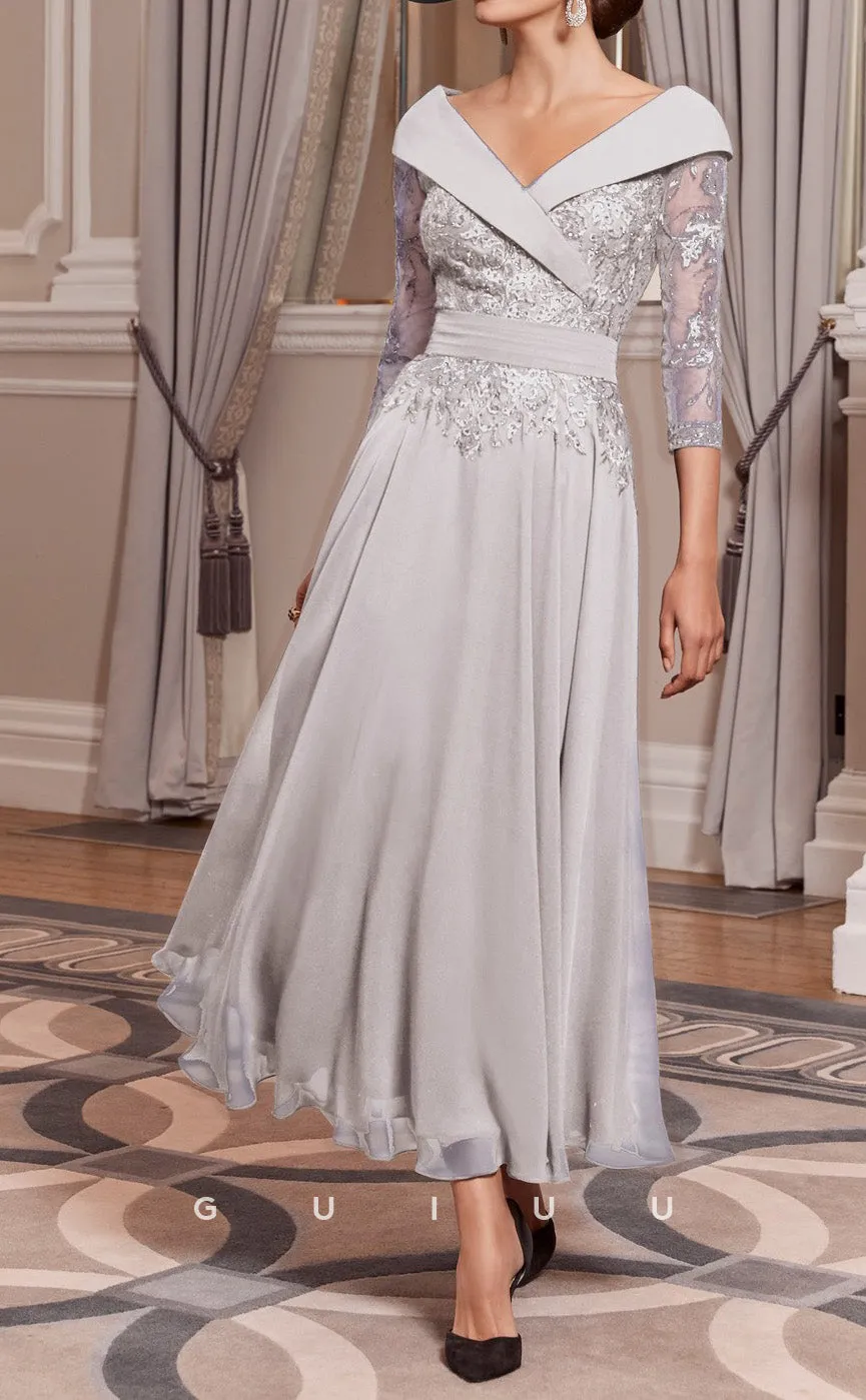 GM150 - A-Line V Neck 34 Length Sleeves Appliques Chiffon Mother of Bride Dress