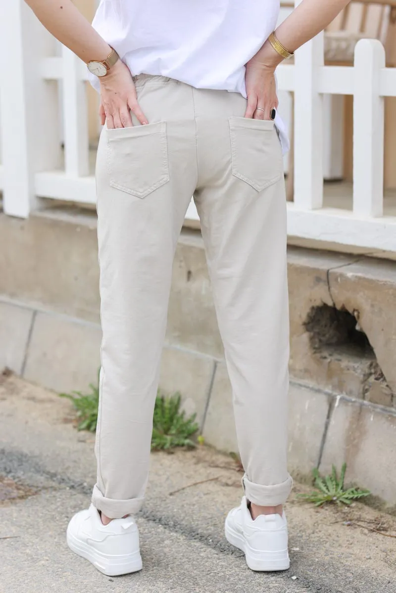 Jogging confort beige ceinture élastique liseré brillant sur les cotés