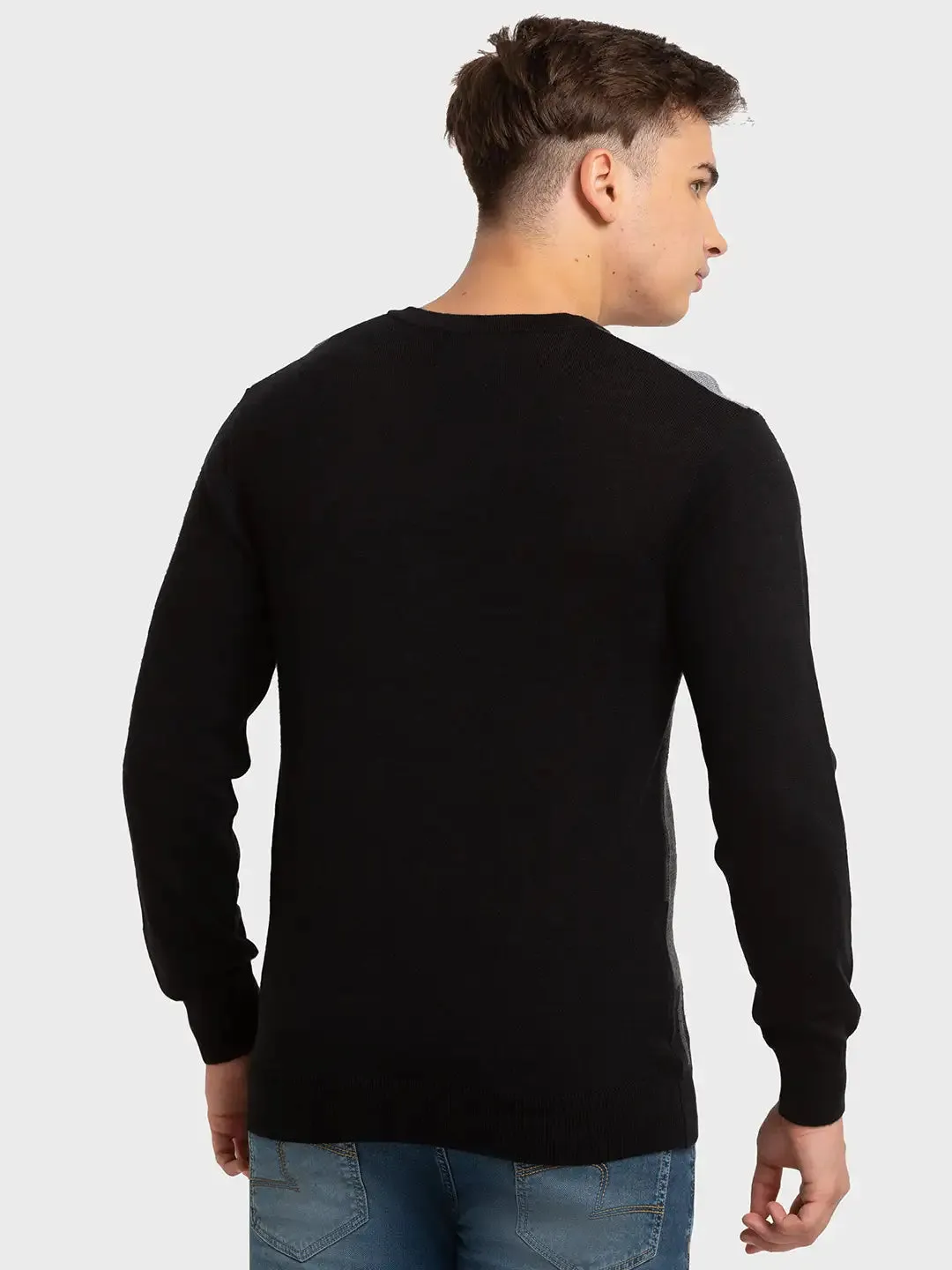 Men Black Tailored Fit Jacquard Merino Wool Acrylic Blend Full Sleeve V Neck Collar Sweaters