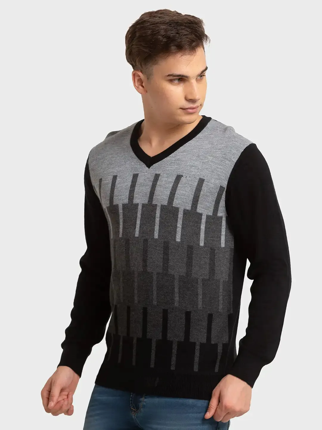 Men Black Tailored Fit Jacquard Merino Wool Acrylic Blend Full Sleeve V Neck Collar Sweaters