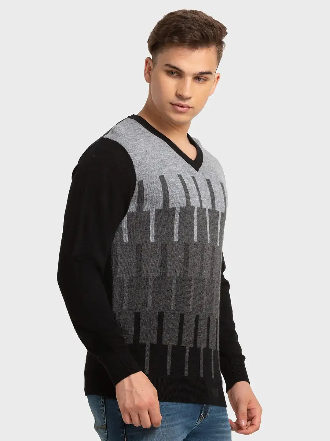 Men Black Tailored Fit Jacquard Merino Wool Acrylic Blend Full Sleeve V Neck Collar Sweaters