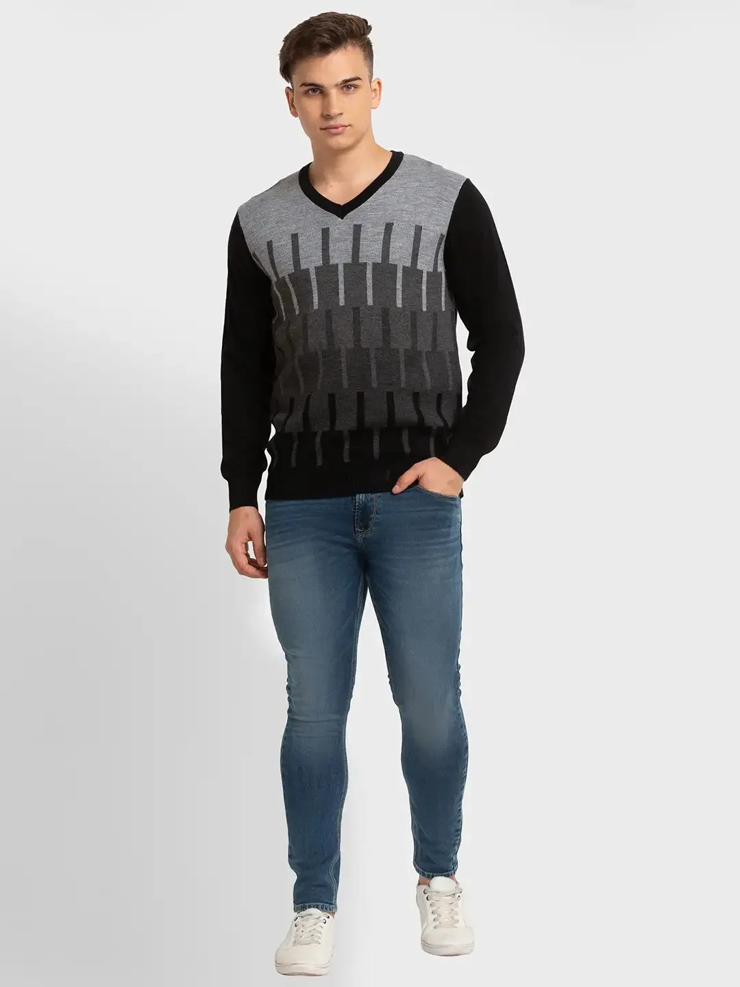 Men Black Tailored Fit Jacquard Merino Wool Acrylic Blend Full Sleeve V Neck Collar Sweaters