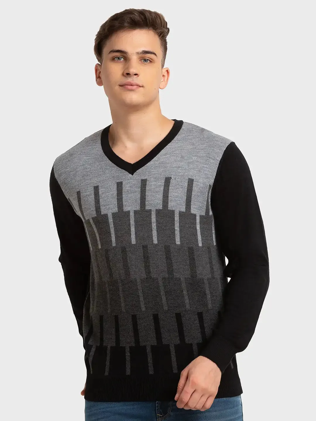 Men Black Tailored Fit Jacquard Merino Wool Acrylic Blend Full Sleeve V Neck Collar Sweaters