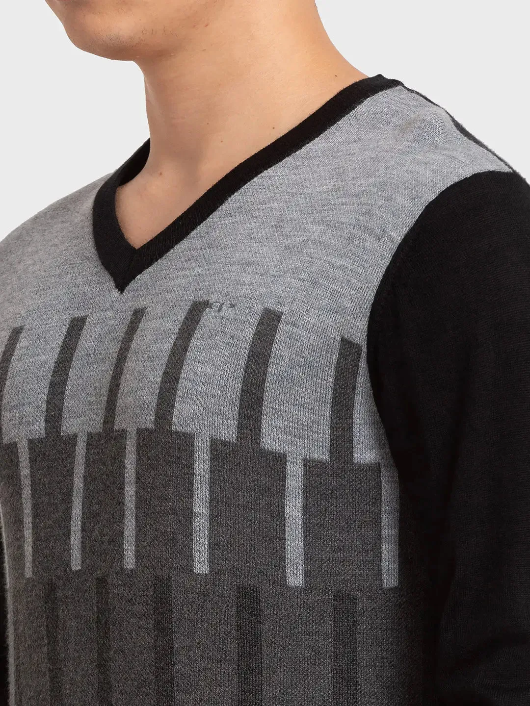 Men Black Tailored Fit Jacquard Merino Wool Acrylic Blend Full Sleeve V Neck Collar Sweaters