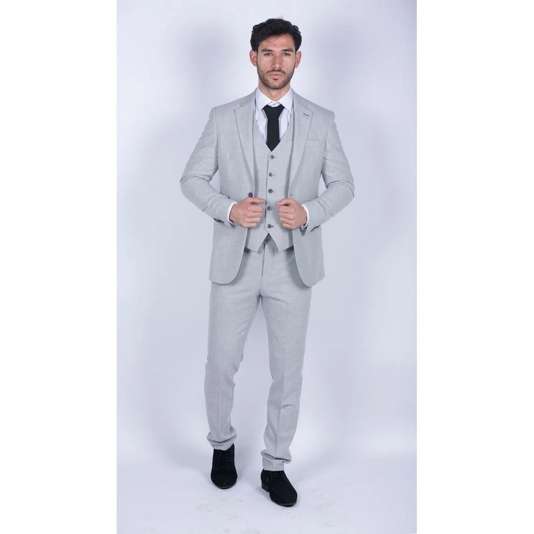 Mens Tweed Light Grey 3 Piece Suit Tailored Fit Classic Vintage 1920s Wedding