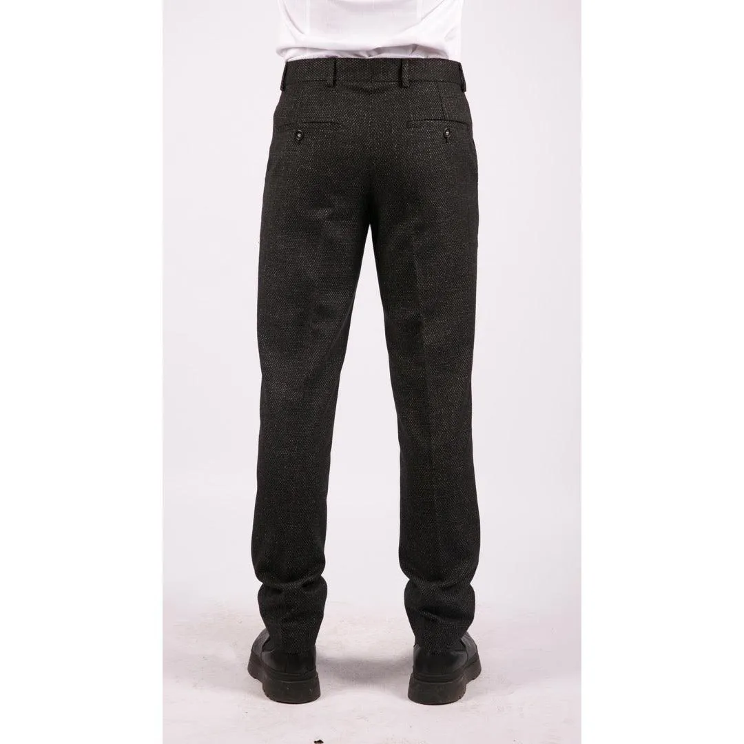 Mens Wool Trousers Tweed Charcoal Black Tailored Fit Peaky Blinders Classic