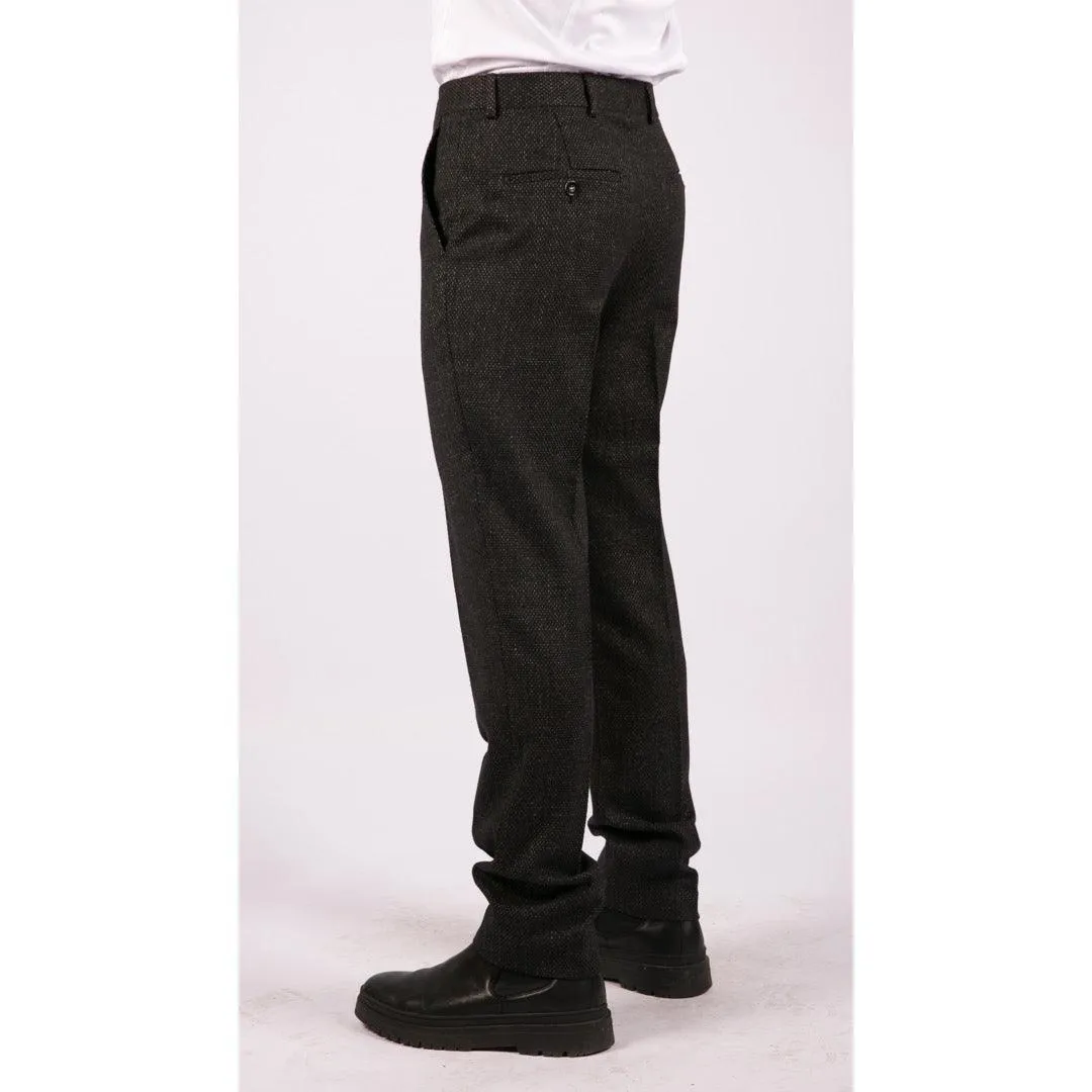 Mens Wool Trousers Tweed Charcoal Black Tailored Fit Peaky Blinders Classic