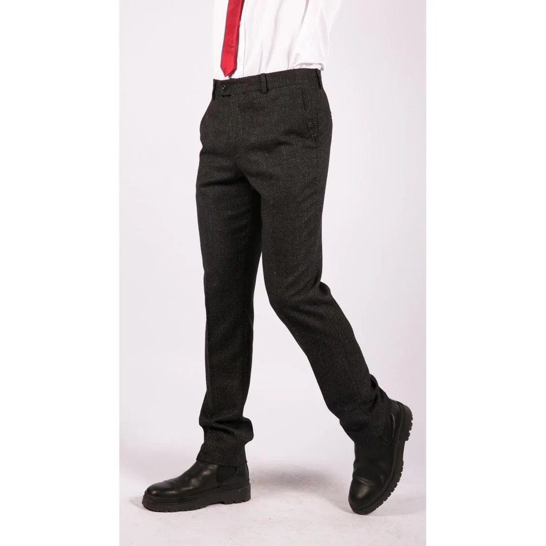 Mens Wool Trousers Tweed Charcoal Black Tailored Fit Peaky Blinders Classic