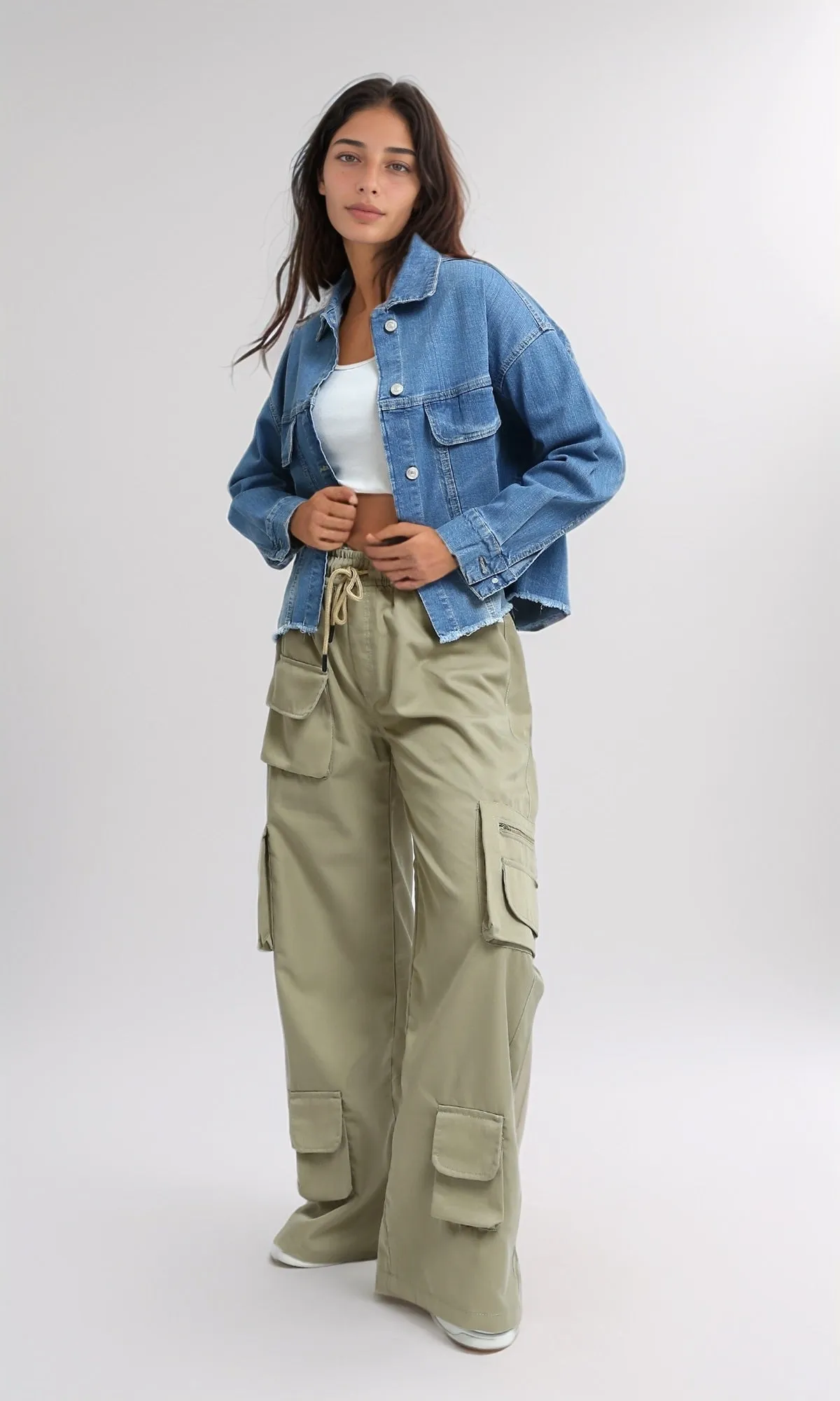 O180805 - Fashionable Slip On Cargo Pants - Olive