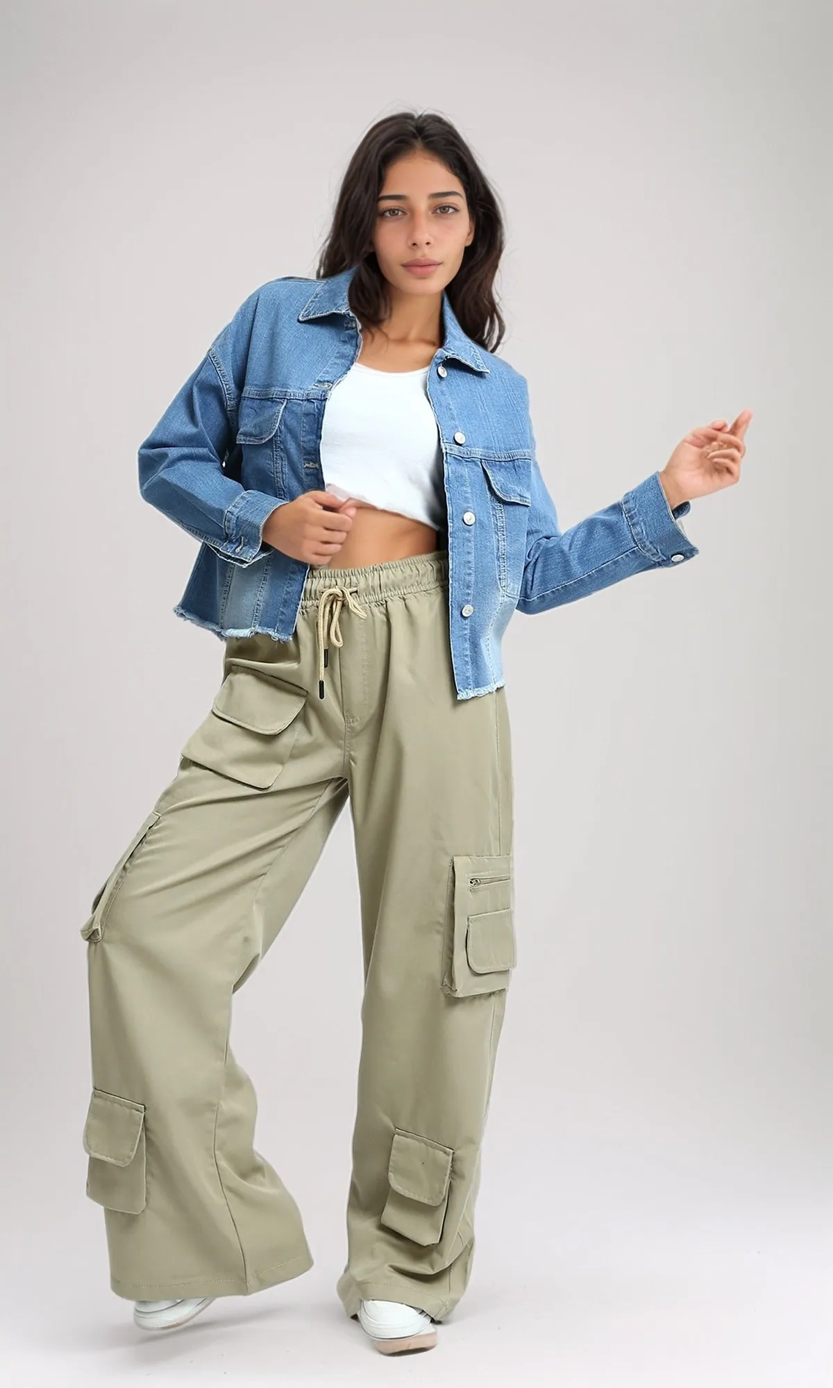 O180805 - Fashionable Slip On Cargo Pants - Olive