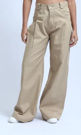 O180810 - Casual Wide Leg Pants with Two Buttons - Beige
