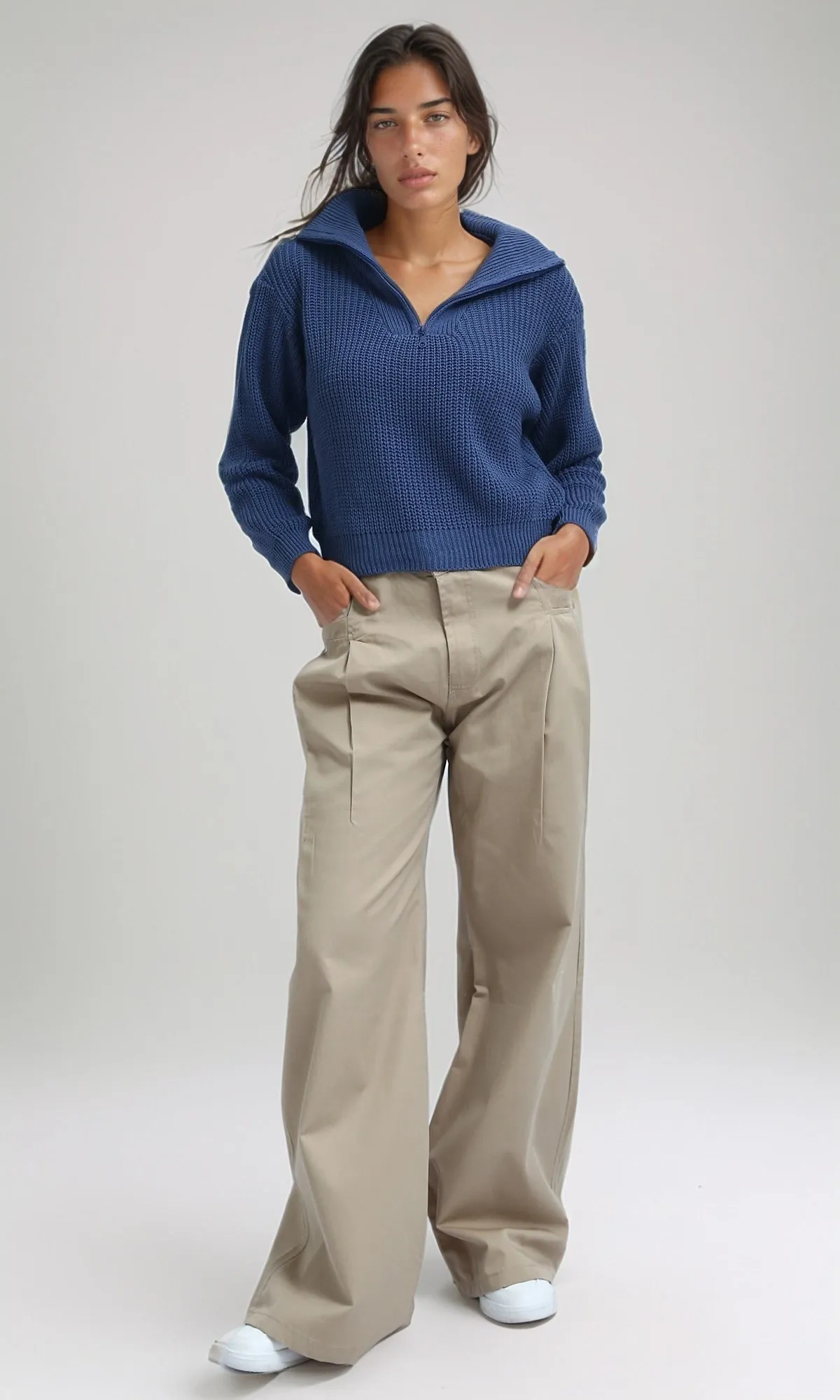 O180810 - Casual Wide Leg Pants with Two Buttons - Beige