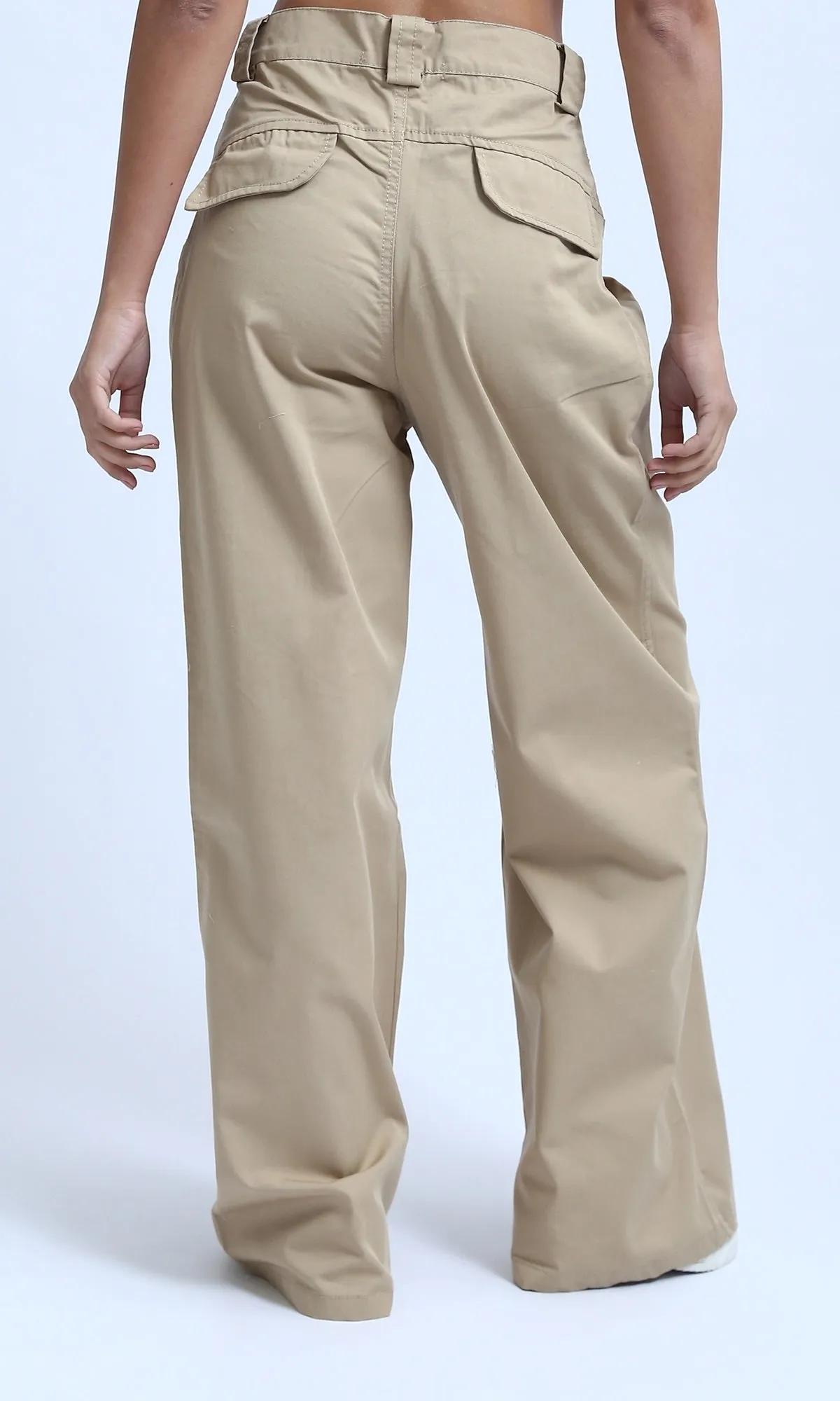 O180810 - Casual Wide Leg Pants with Two Buttons - Beige
