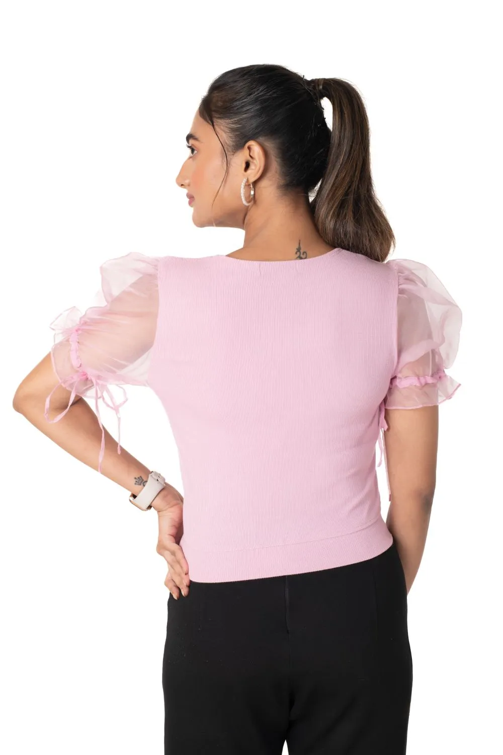 Round neck Blouses with Puffy Organza Sleeves- Plus Size