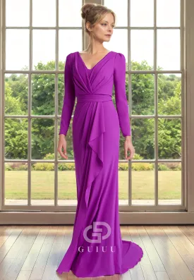 Sheath V Neck Long Sleeves Pleated Ruffles Back Zipper Mother of Bride Dress with Train