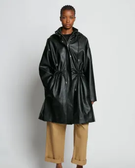 Sheepskin Leather Black Hooded Trench Duster Coat