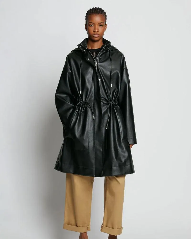 Sheepskin Leather Black Hooded Trench Duster Coat