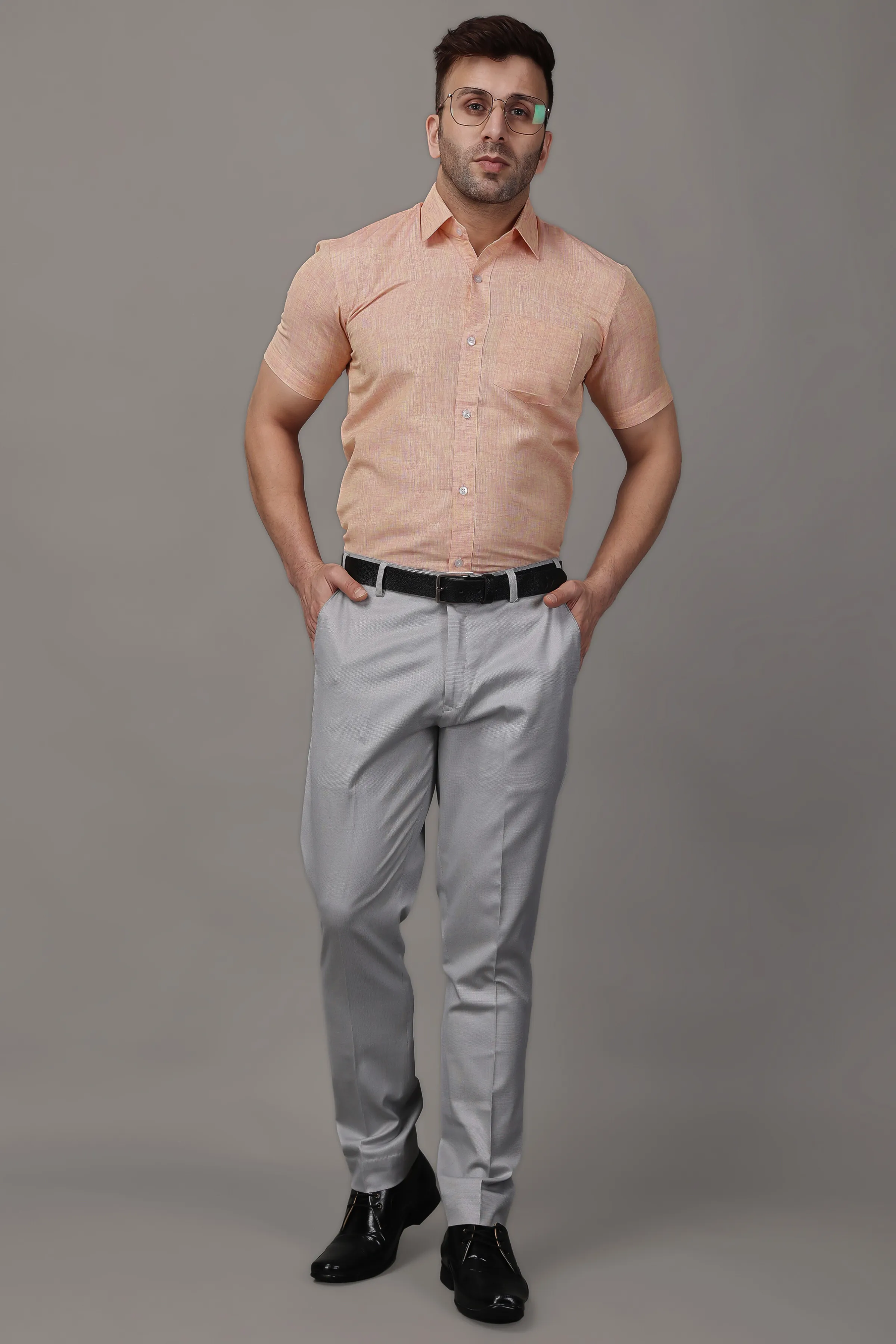 Solid Grey Stretch Textured Trousers