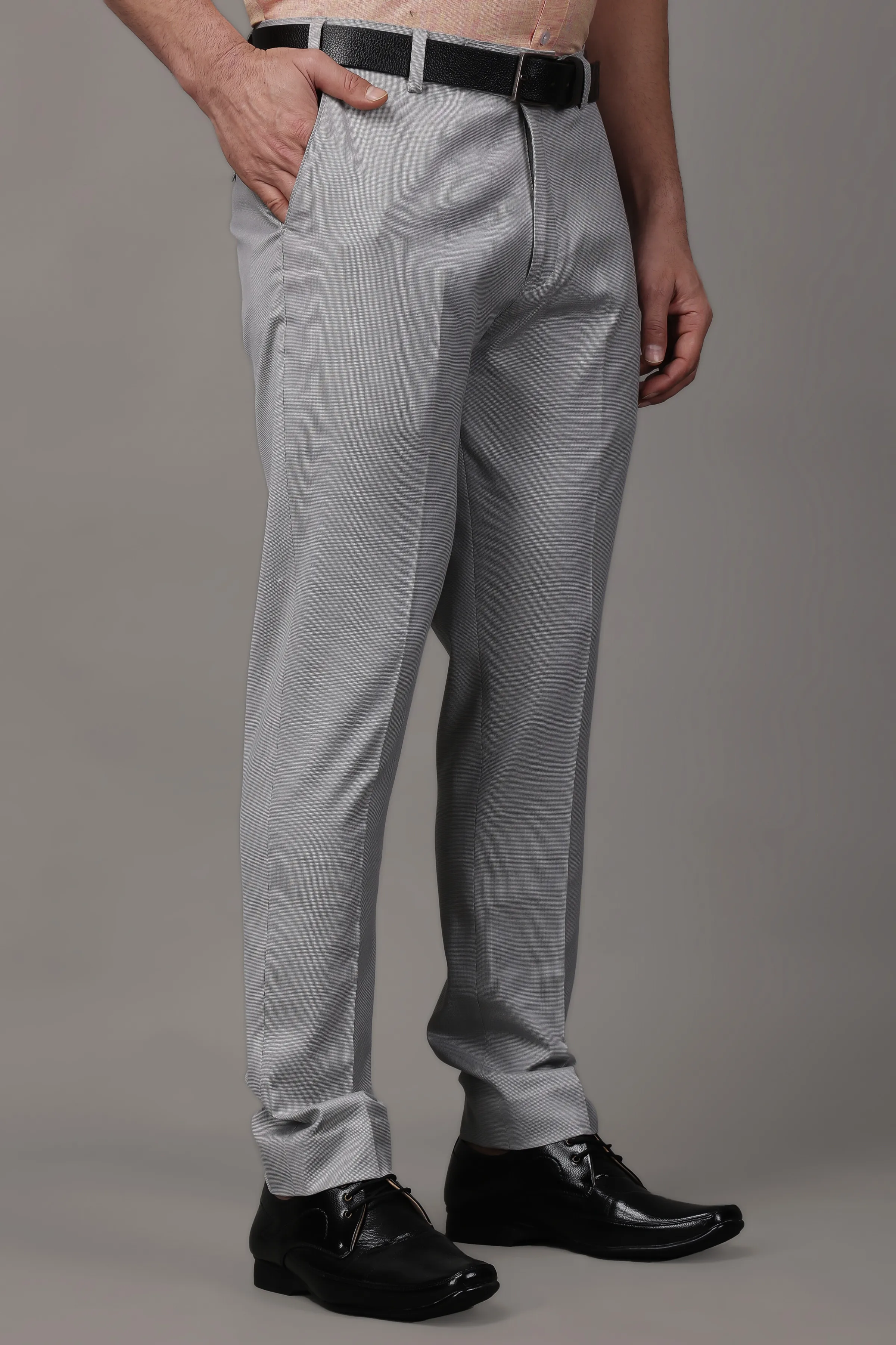 Solid Grey Stretch Textured Trousers