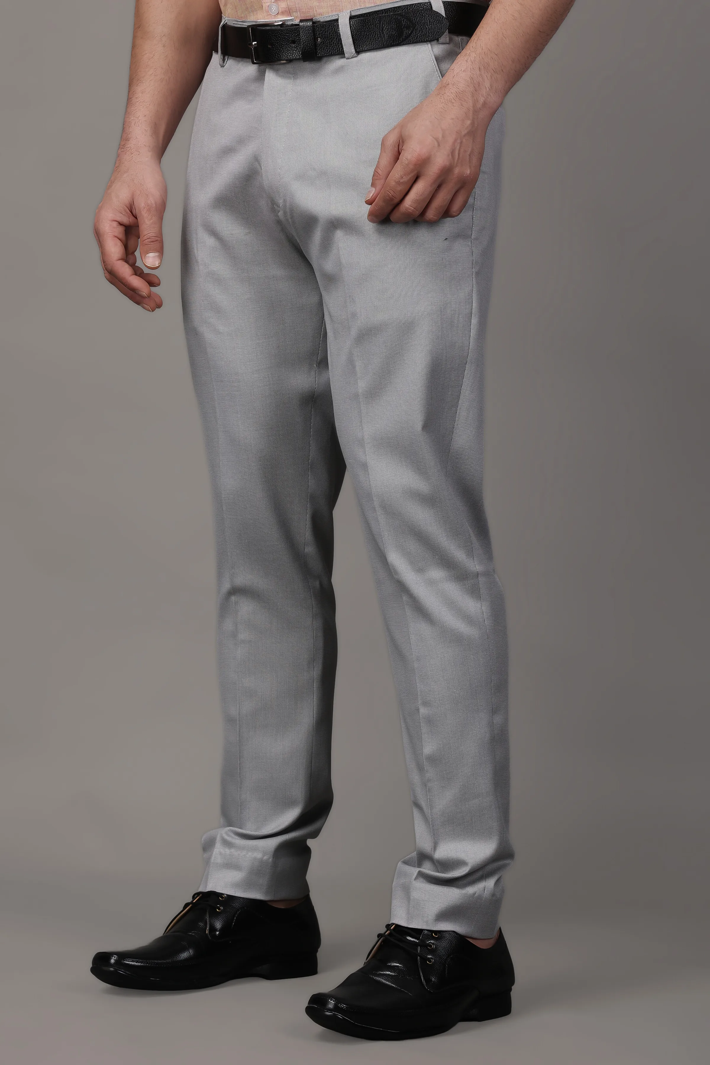 Solid Grey Stretch Textured Trousers