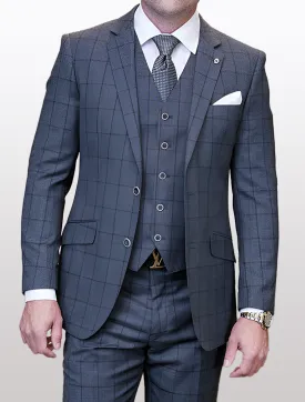 Statement Men's Charcoal Windowpane Modern Fit Vested Suit