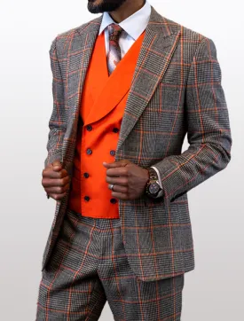 Statement Men's Coral Over Plaid 0 Wool Suit with Double Breasted Vest