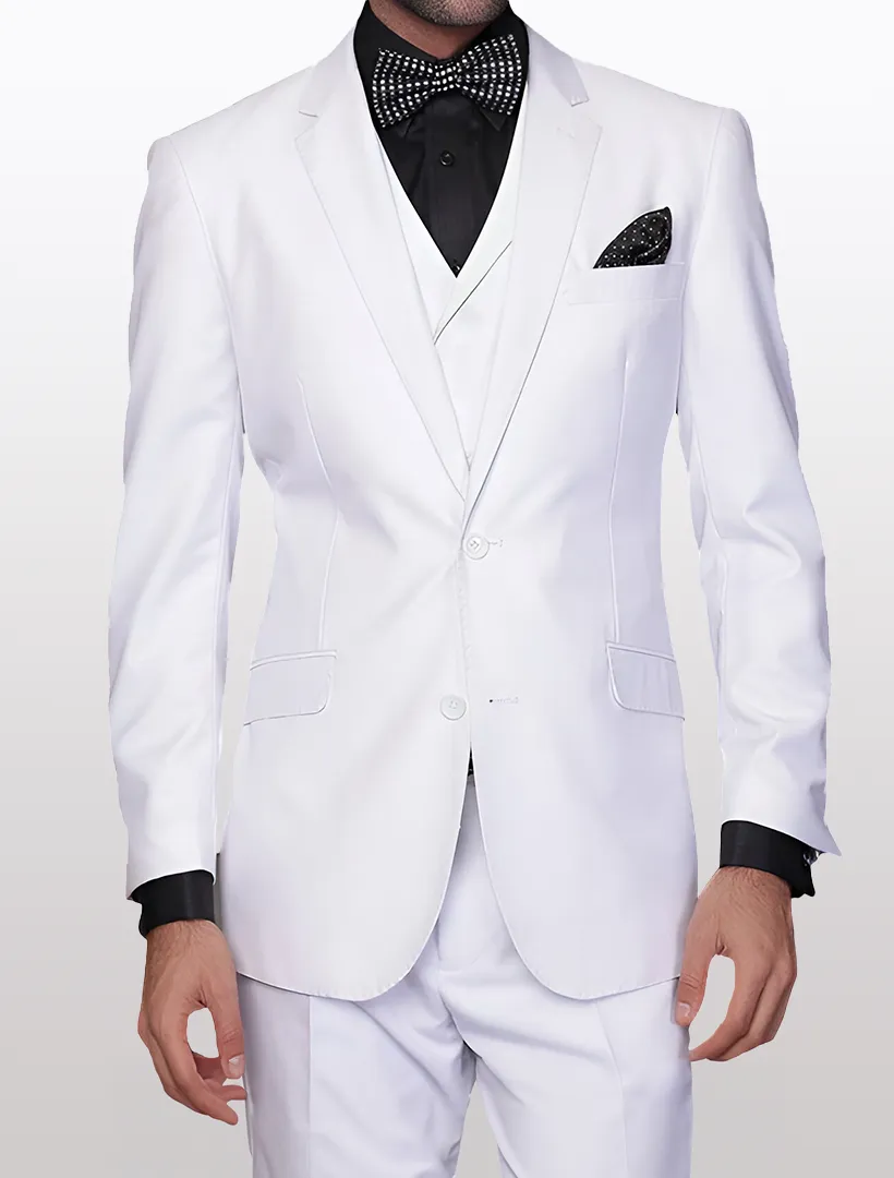 Statement Men's Solid White 100% Wool Vested Suit