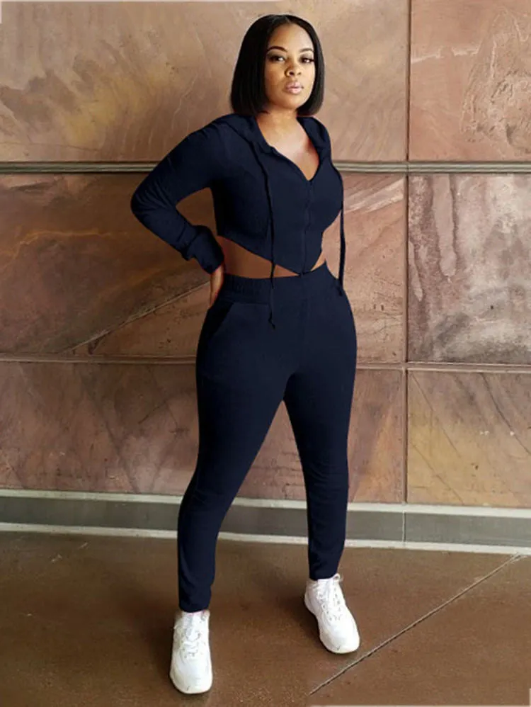 Two Piece Solid Color Zipper Hoodie  Sweatpants