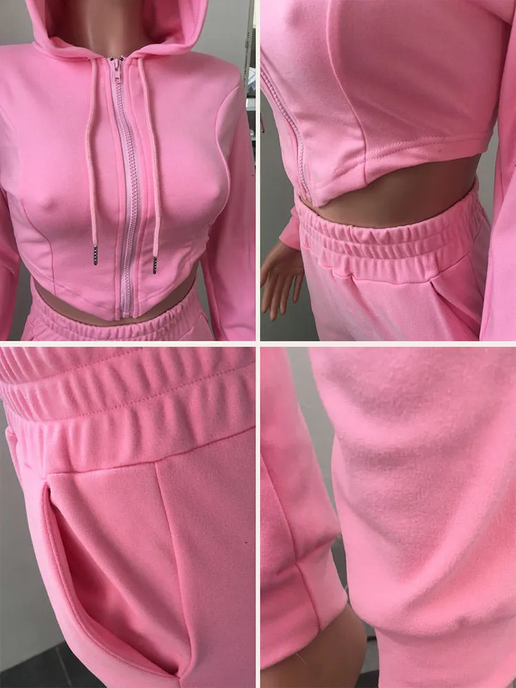 Two Piece Solid Color Zipper Hoodie  Sweatpants