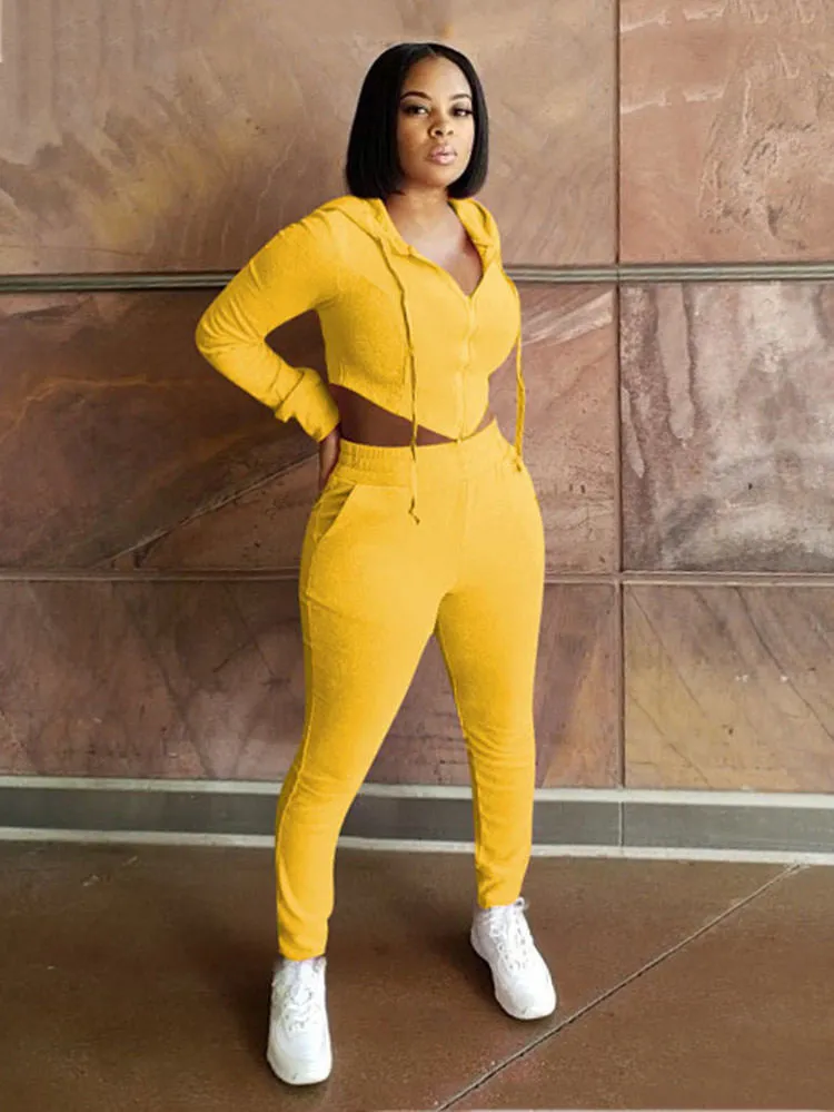 Two Piece Solid Color Zipper Hoodie  Sweatpants